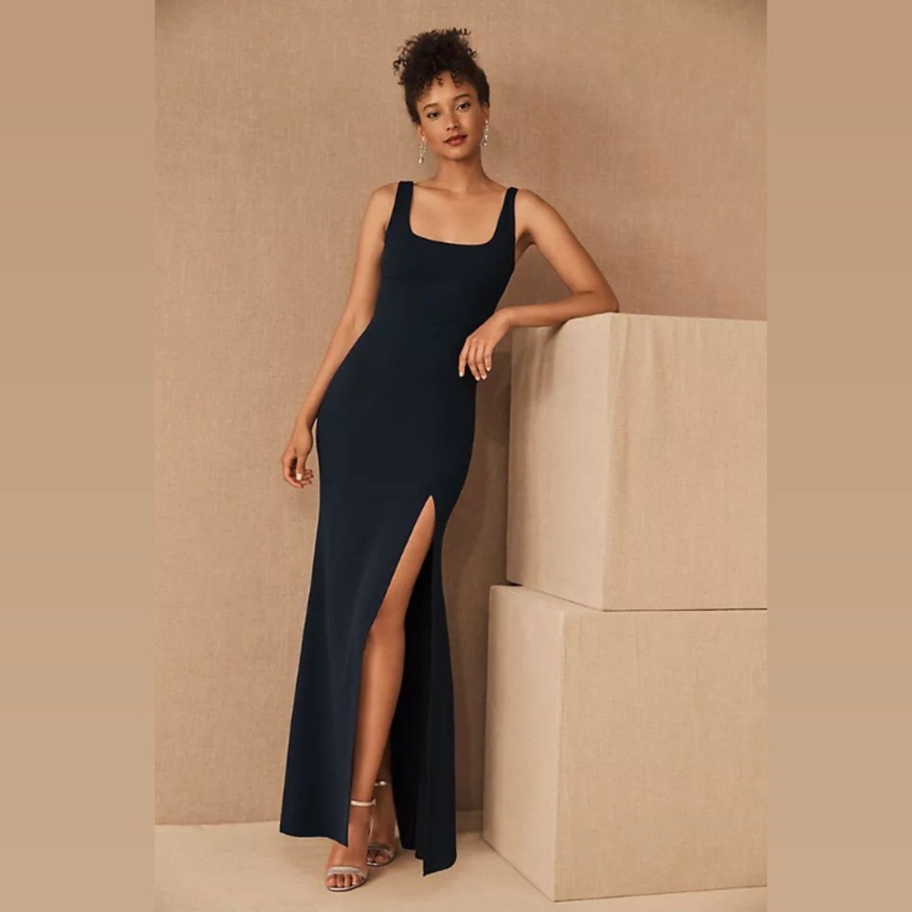 BHLDN adena crepe bridesmaid prom gala evening dress midnight navy